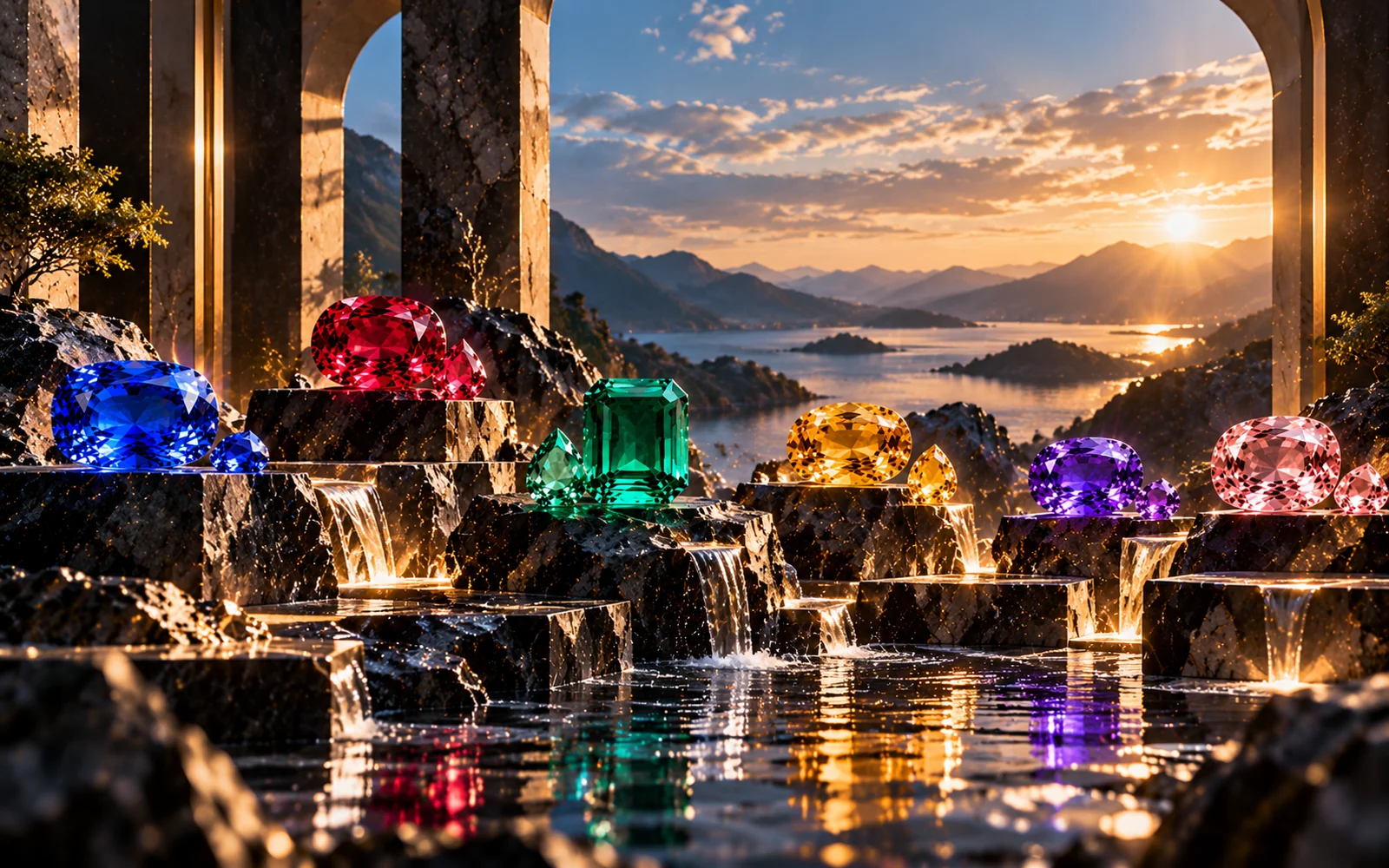Coloured gemstones displayed against a sunset mountain landscape.