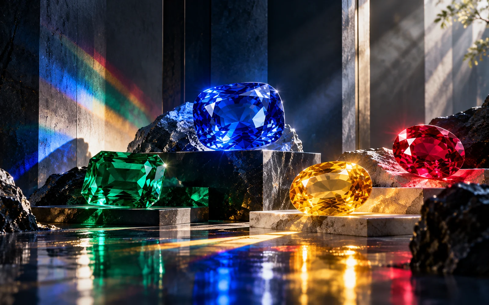 Blue, green, golden and red gemstones on stone ledges in rainbow light
