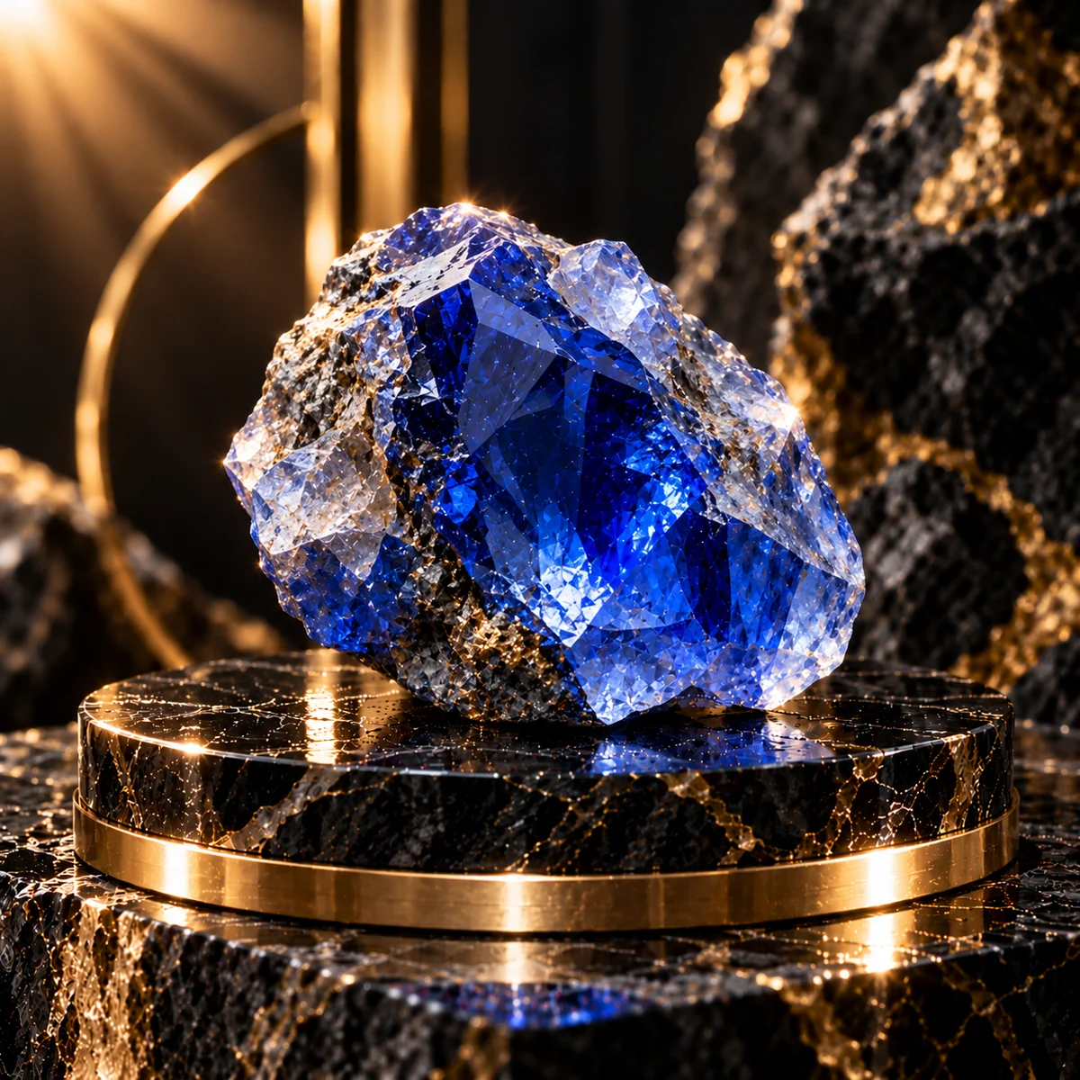 Raw blue crystal on a polished dark stone plinth